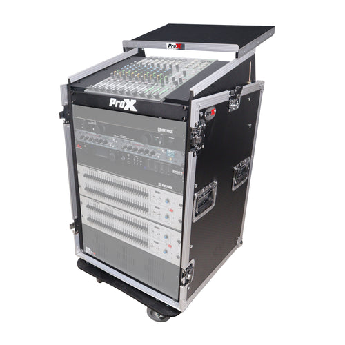 16U Vertical Rack Mount Flight Case with 10U Top for Mixer Combo Amp Rack with Laptop Shelf and Caster Wheels