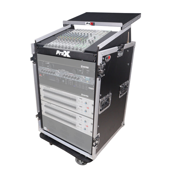 16U Vertical Rack Mount Flight Case with 10U Top for Mixer Combo Amp Rack with Laptop Shelf and Caster Wheels