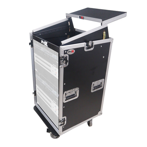 18U Vertical Rack Mount Flight Case with 10U Top for Mixer Combo Amp Rack with Laptop Shelf and Caster Wheels