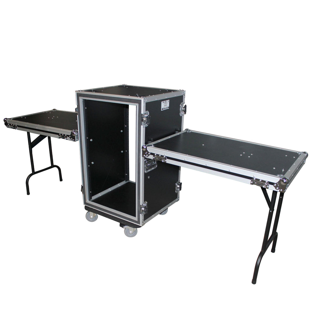 18U Vertical Shockproof Amp Rack Case W-Side Tables and 4 Casters | 24 In Rail to Rail