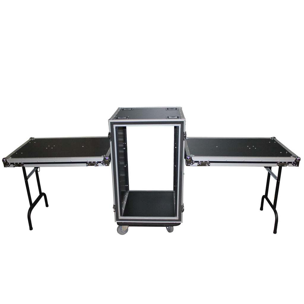 16U Vertical Shockproof Amp/Rack Case W/Dual Side Tables & 4 Casters (24" Rail to Rail)