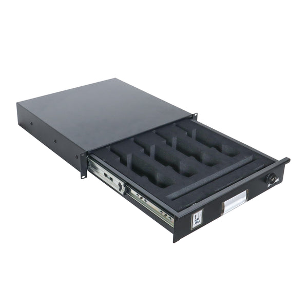 2U Rack Space Fits (4) MICs and Rack Mount Drawer with Foam for Audio, DJ, and IT Server rack cases.