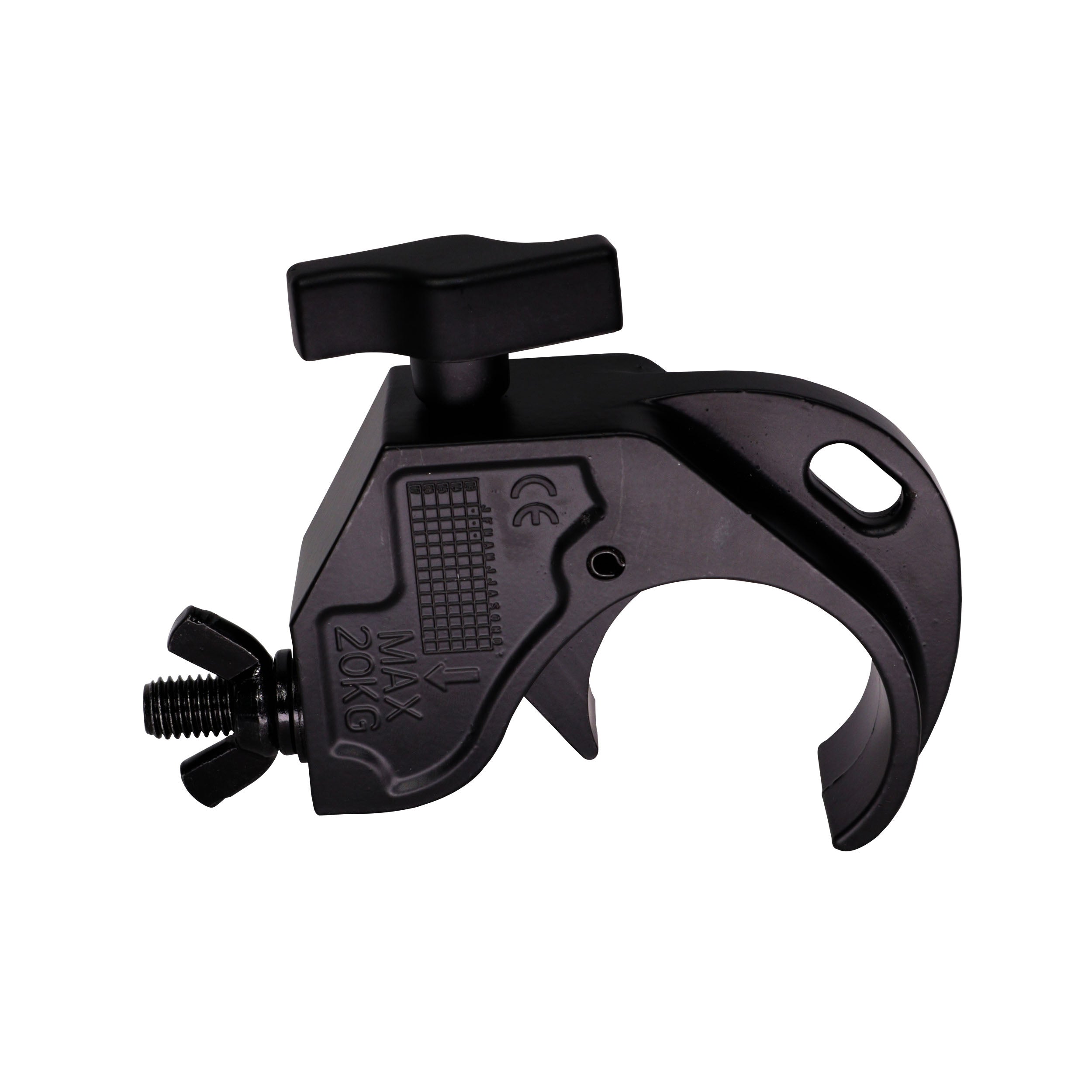 Aluminum Hook Style M10 Clamp with Big Wing Knob for 2" Truss Tube Capacity 45 Lbs. Black Finish