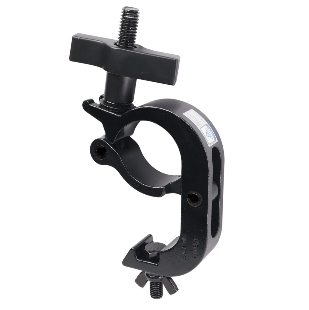 Aluminum Pro Slim Hook Style M10 Clamp with Big Wing Knob for 2" Truss Tube Capacity 330 Lbs. Black Finish