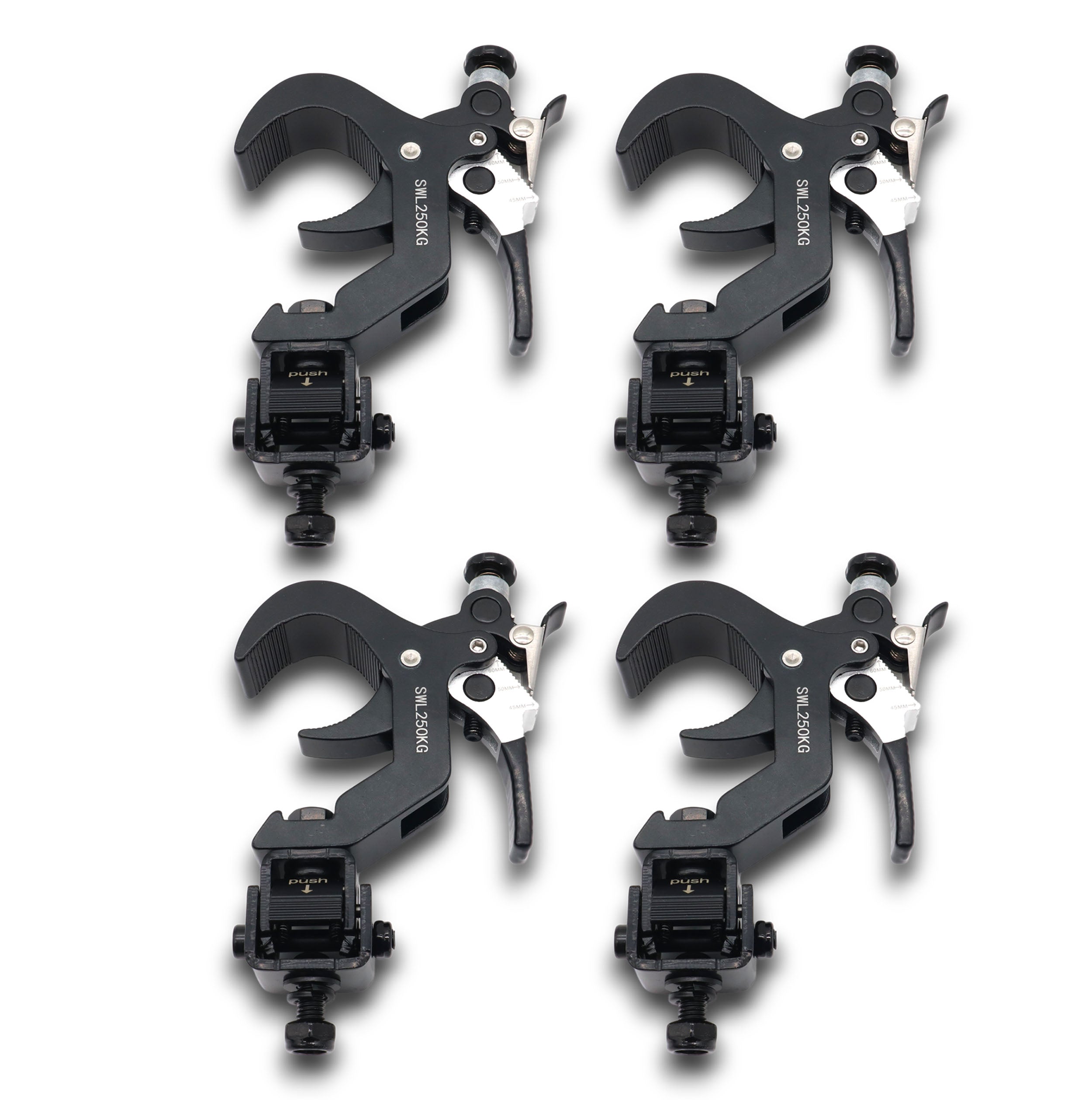 4 Quick 90º Folding XPress Trigger Truss Clamp Clamp Moving Head Adapters with Quick Press Trigger Truss 2 in. Black Finish