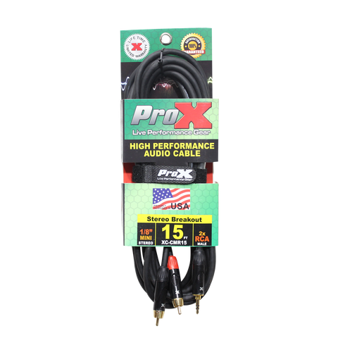 15' Ft High Performance 3.5mm 1/8” Mini TRS to Dual RCA-M Unbalanced Y-Cable