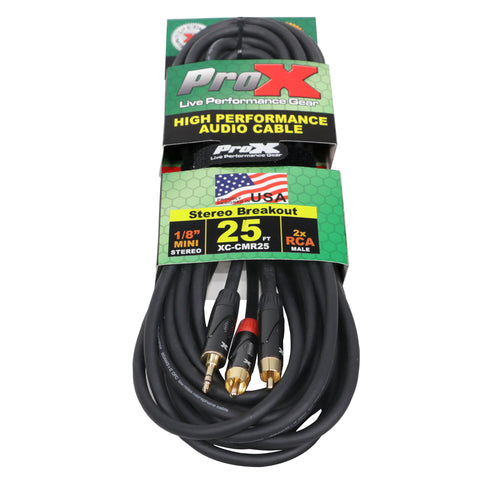 25' Ft High Performance 3.5mm 1/8” Mini TRS to Dual RCA-M Unbalanced Y-Cable