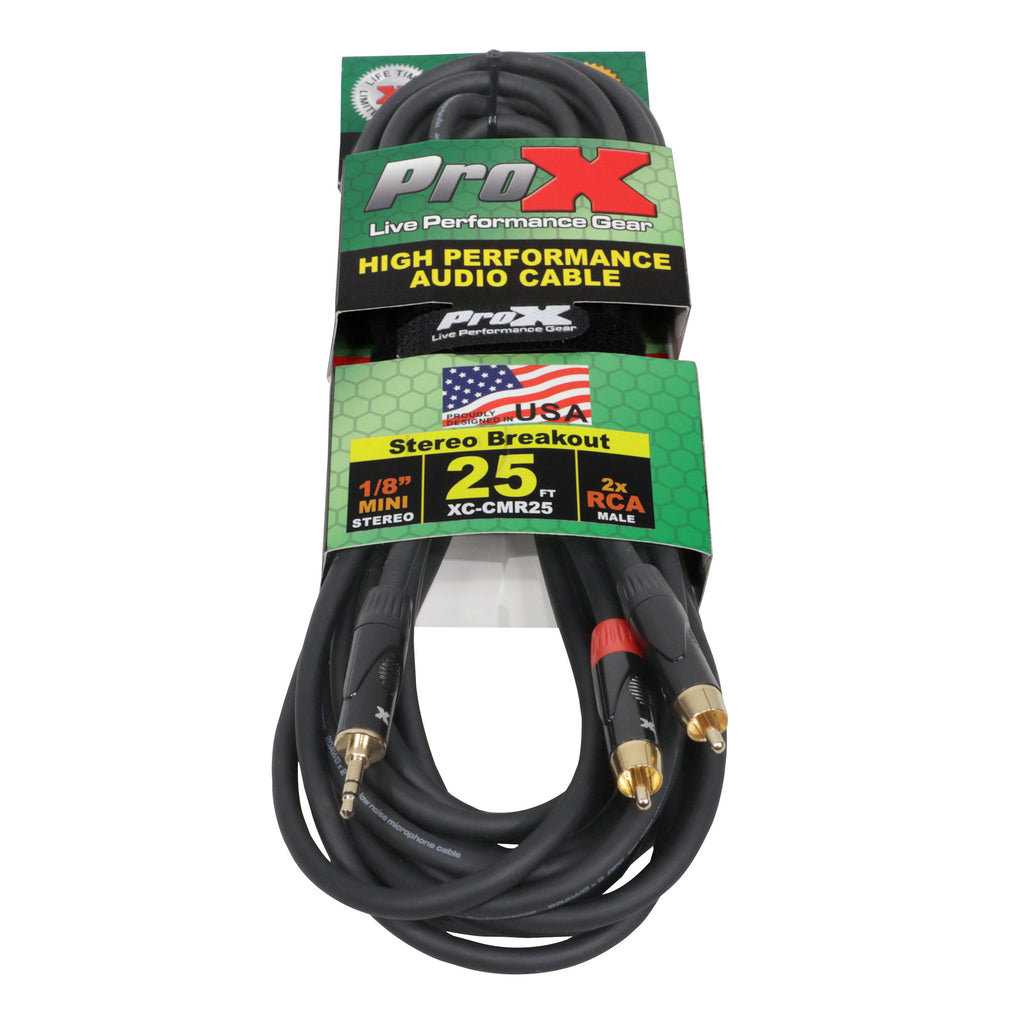 25' Ft High Performance 3.5mm 1/8” Mini TRS to Dual RCA-M Unbalanced Y-Cable