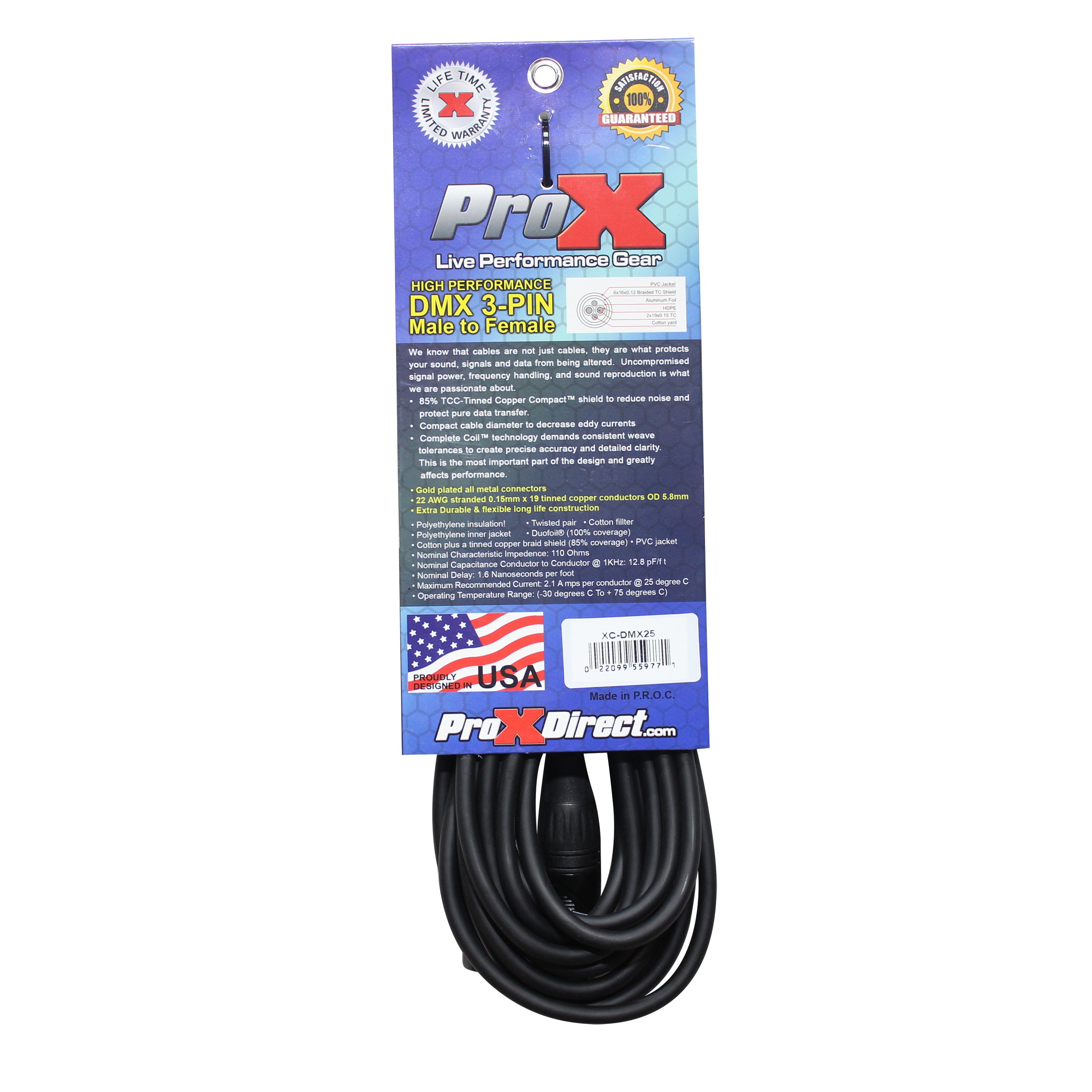 25 Ft. High Performance DMX Male 3-Pin to DMX Female 3-Pin Coupler Patch Cable
