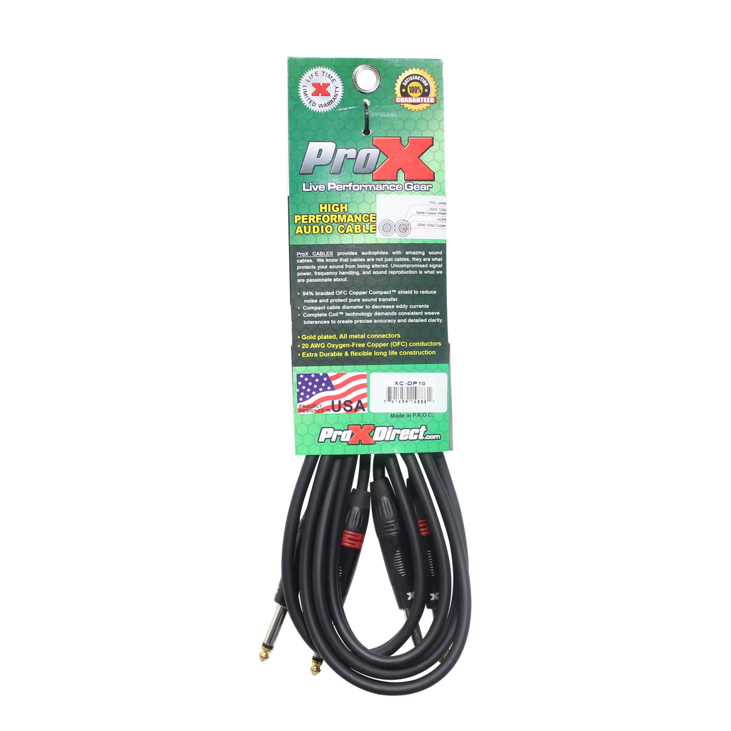 10' Ft. High Performance 1/4” TS Male to Dual 1/4” TS Male Unbalanced Audio Cable