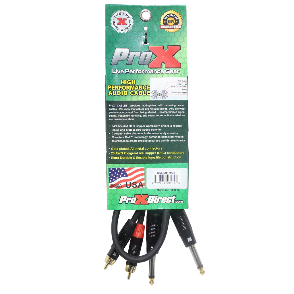 3' Ft. High Performance 1/4” Male TS to Dual RCA Male Unbalanced Audio Cable