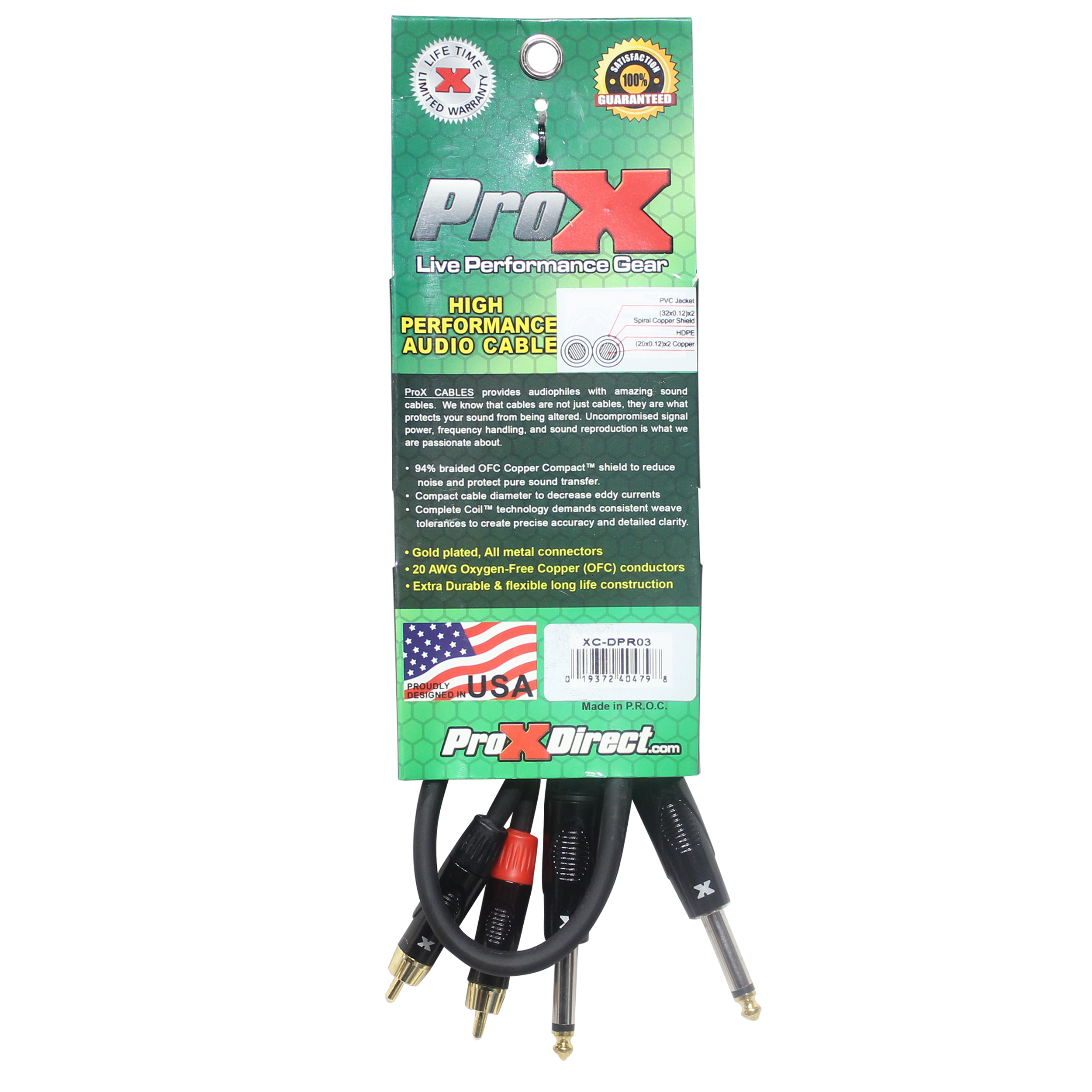 3' Ft. High Performance 1/4” Male TS to Dual RCA Male Unbalanced Audio Cable