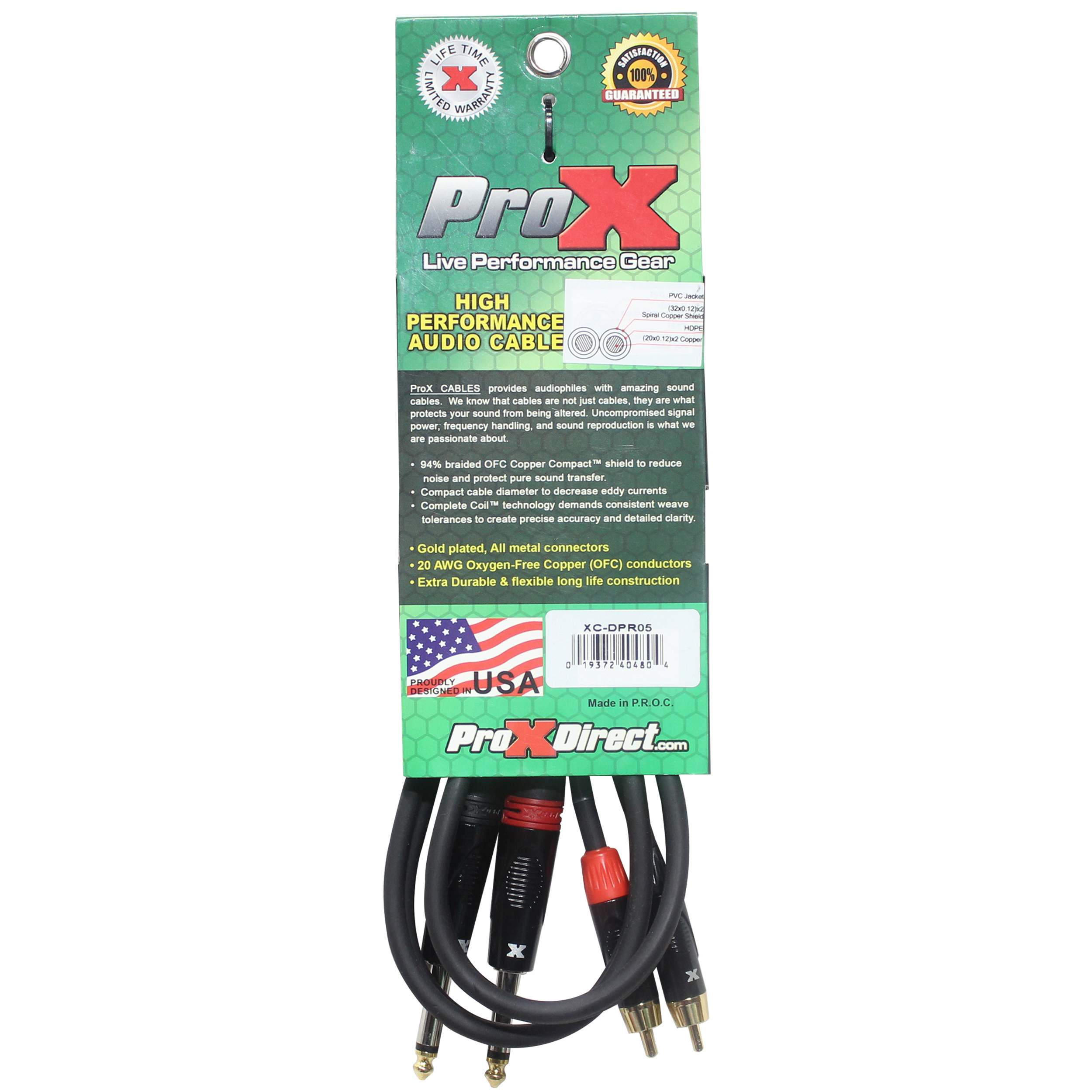 5' Ft. High Performance 1/4” Male TS to Dual RCA Male Unbalanced Audio Cable
