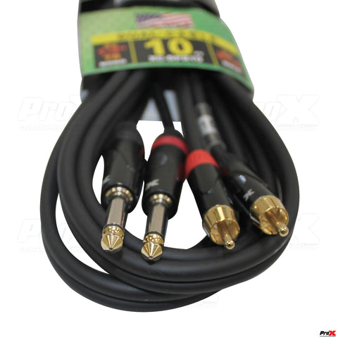 10' Ft. High Performance 1/4” Male TS to Dual RCA Male Unbalanced Audio Cable