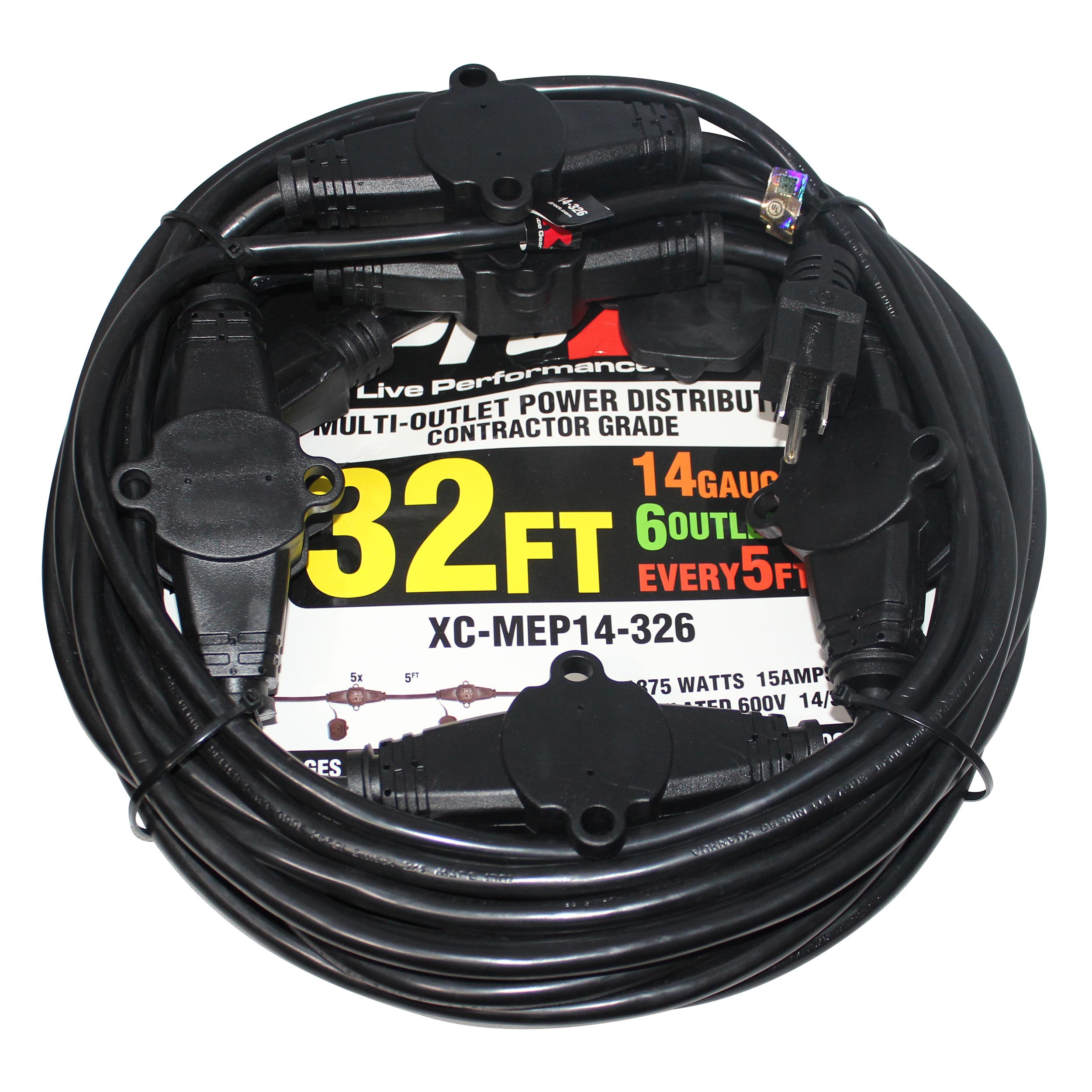 32' Ft. Male NEMA 110VAC to 6-Outet Female Edison 14/3AWG Power Extension Cable