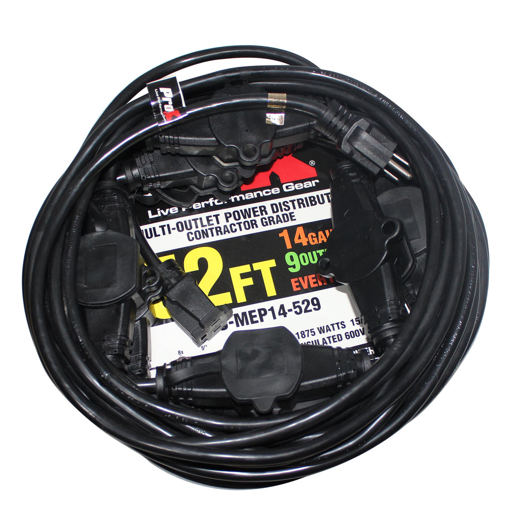 52' Ft. Male NEMA 120VAC to 9-Outet Female Edison 14/3AWG Power Extension Cable