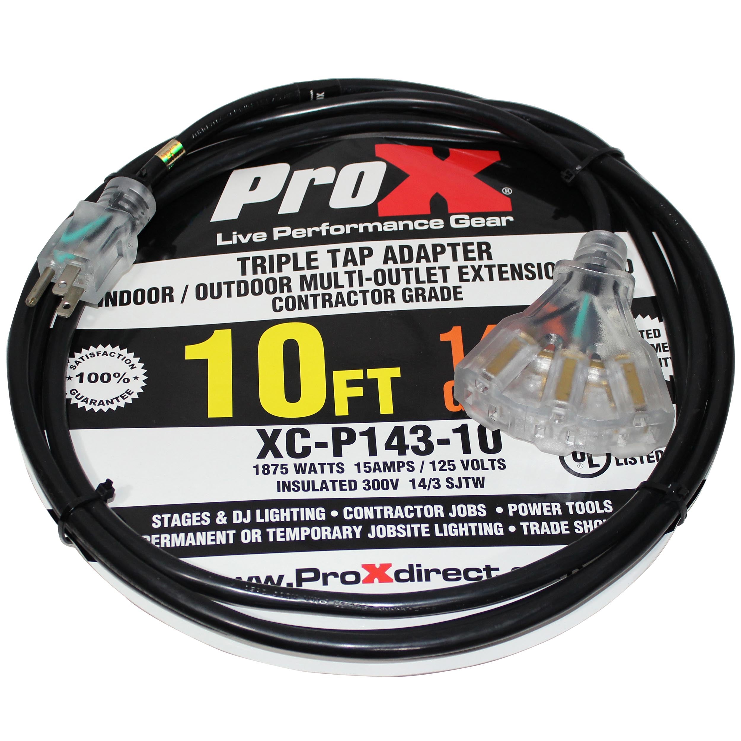 10' Ft. 120VAC NEMA 15 Male to 3 Outlet Female Power-Extension Cord 14 AWG