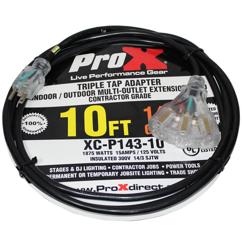 10' Ft. 120VAC NEMA 15 Male to 3 Outlet Female Power-Extension Cord 14 AWG
