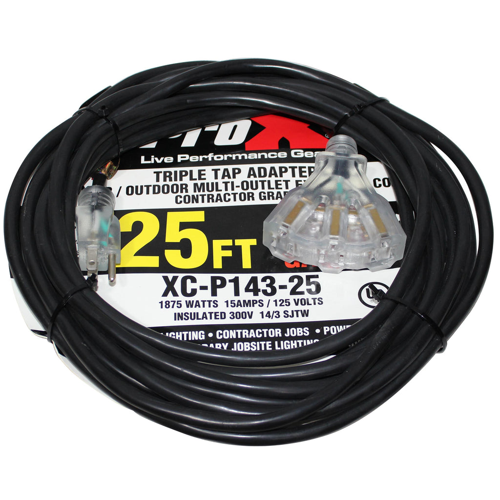 25' Ft. 120VAC NEMA 15 Male to 3 Outlet Female Power-Extension Cord 14 AWG