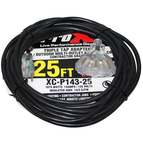 25' Ft. 120VAC NEMA 15 Male to 3 Outlet Female Power-Extension Cord 14 AWG
