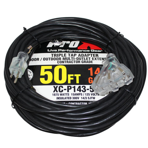 50' Ft. 120VAC NEMA 15 Male to 3 Outlet Female Power-Extension Cord 14 AWG