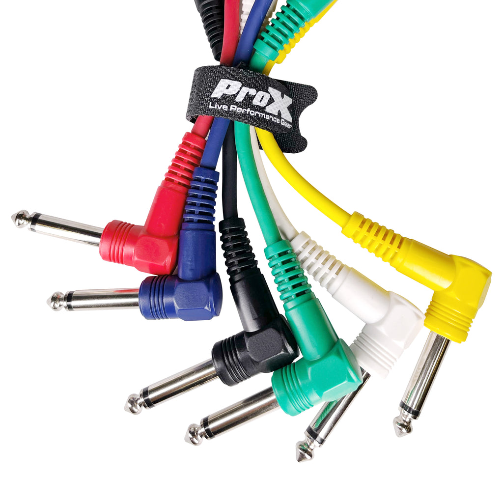 6-Pack of 6" inch Premium Patch Cables 1/4" TS Male to 1/4" TS Male Right Angle Audio Instrument Pedal Effects Rack Cable