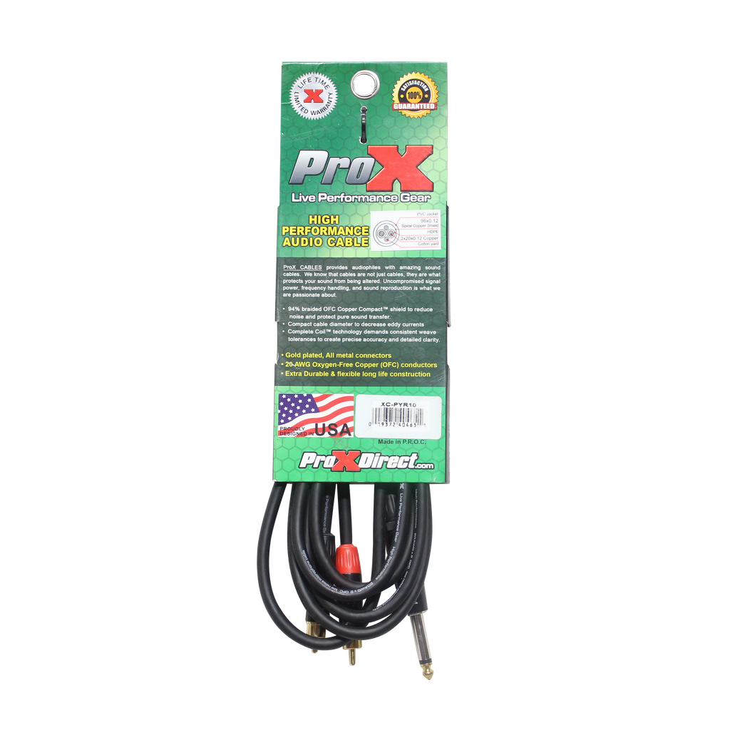 10 Ft. Unbalanced 1/4" TS-M to Dual RCA-M High Performance Audio Y Cable