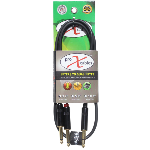 3 Ft. Unbalanced TRS-M Stereo to Dual TS-M High Performance Audio Y Cable