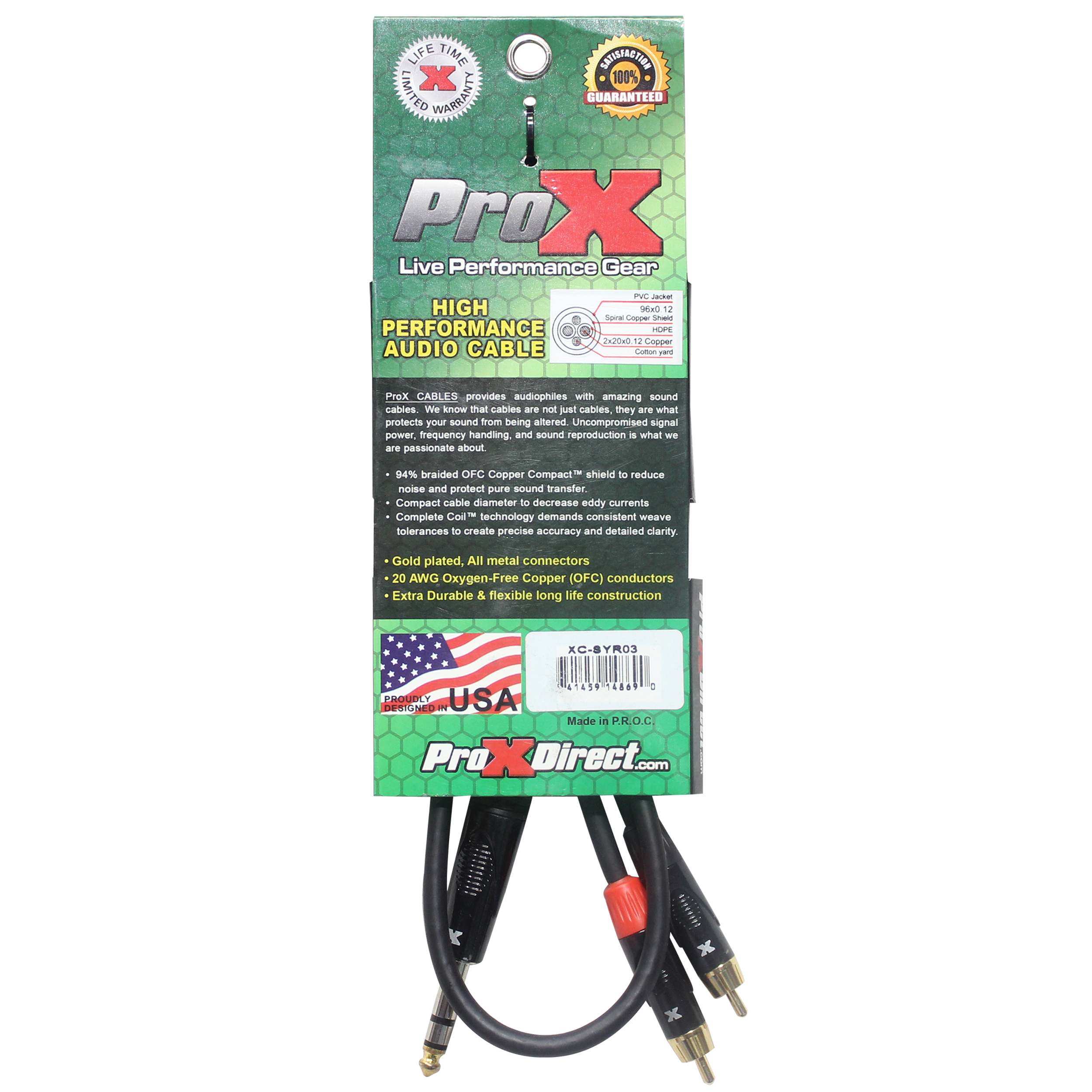 3 Ft. Unbalanced 1/4" TRS-M to Dual RCA-M High Performance Audio Cable