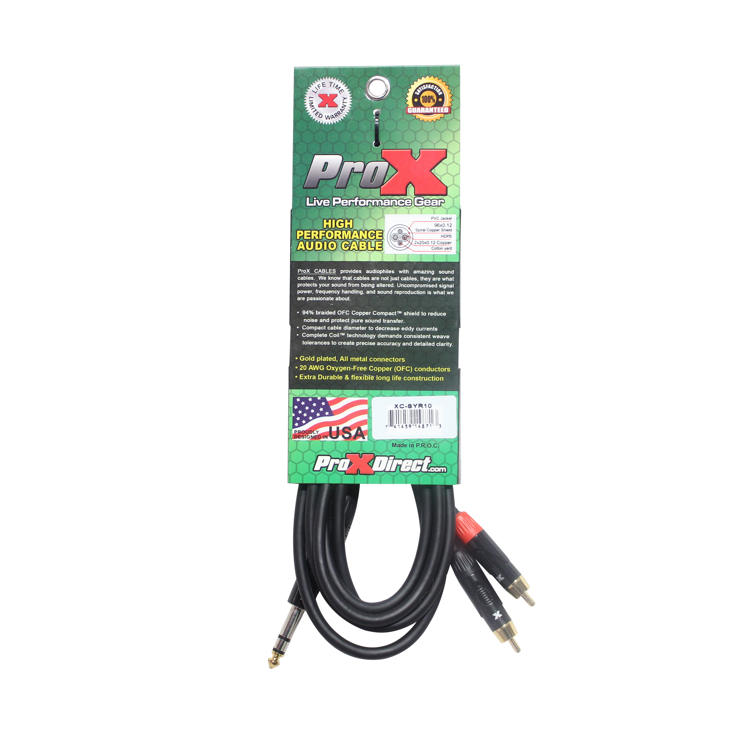 10 Ft. Unbalanced 1/4" TRS-M to Dual RCA-M High Performance Audio Cable