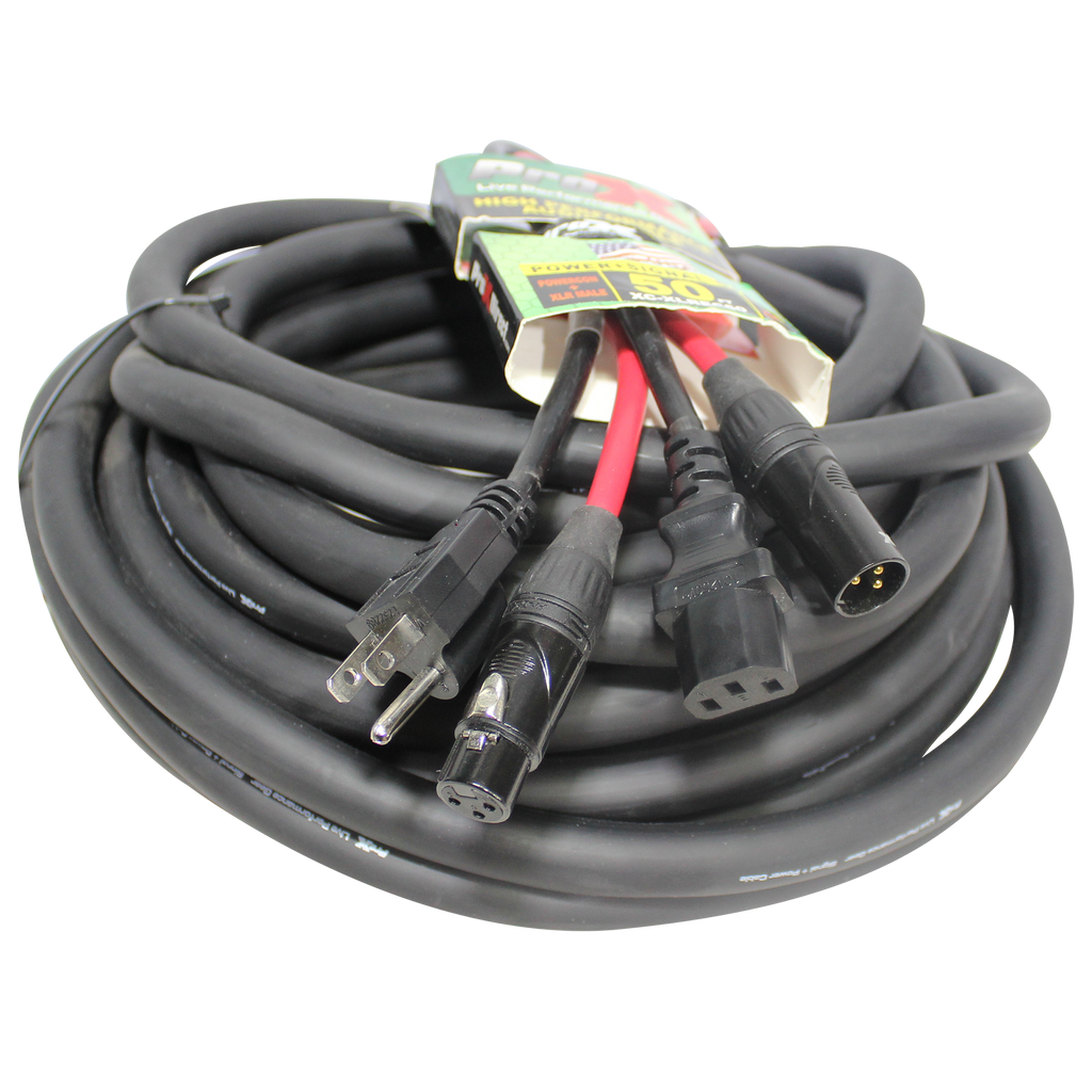 50 Ft. XLR Audio + Edison to IEC Power Cable for PA DJ Speakers