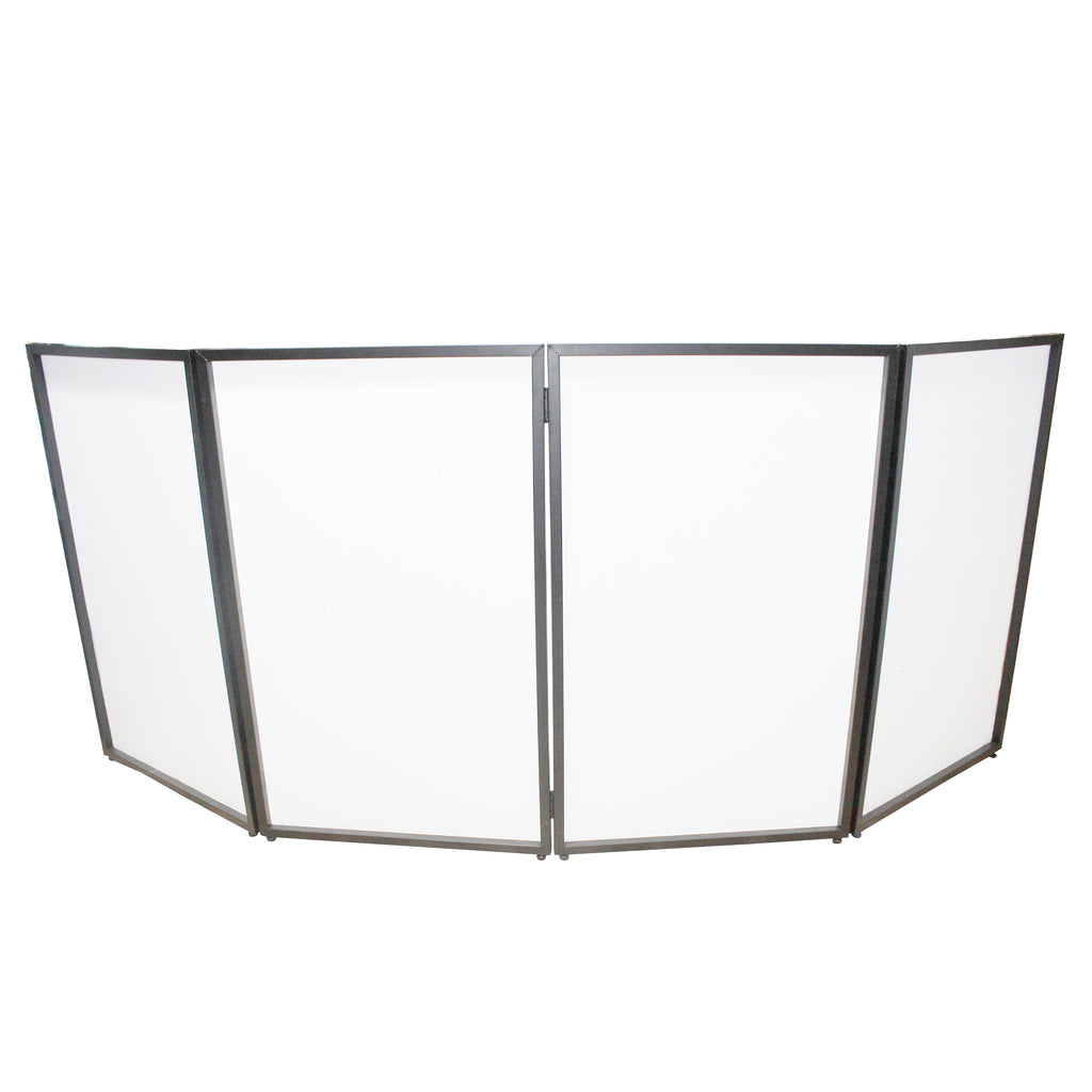 Four Panel Party Black Frame Collapse and Go DJ Facade, Two Side corner Shelves, Carry Bag, 4xBlack and 4xWhite Scrims