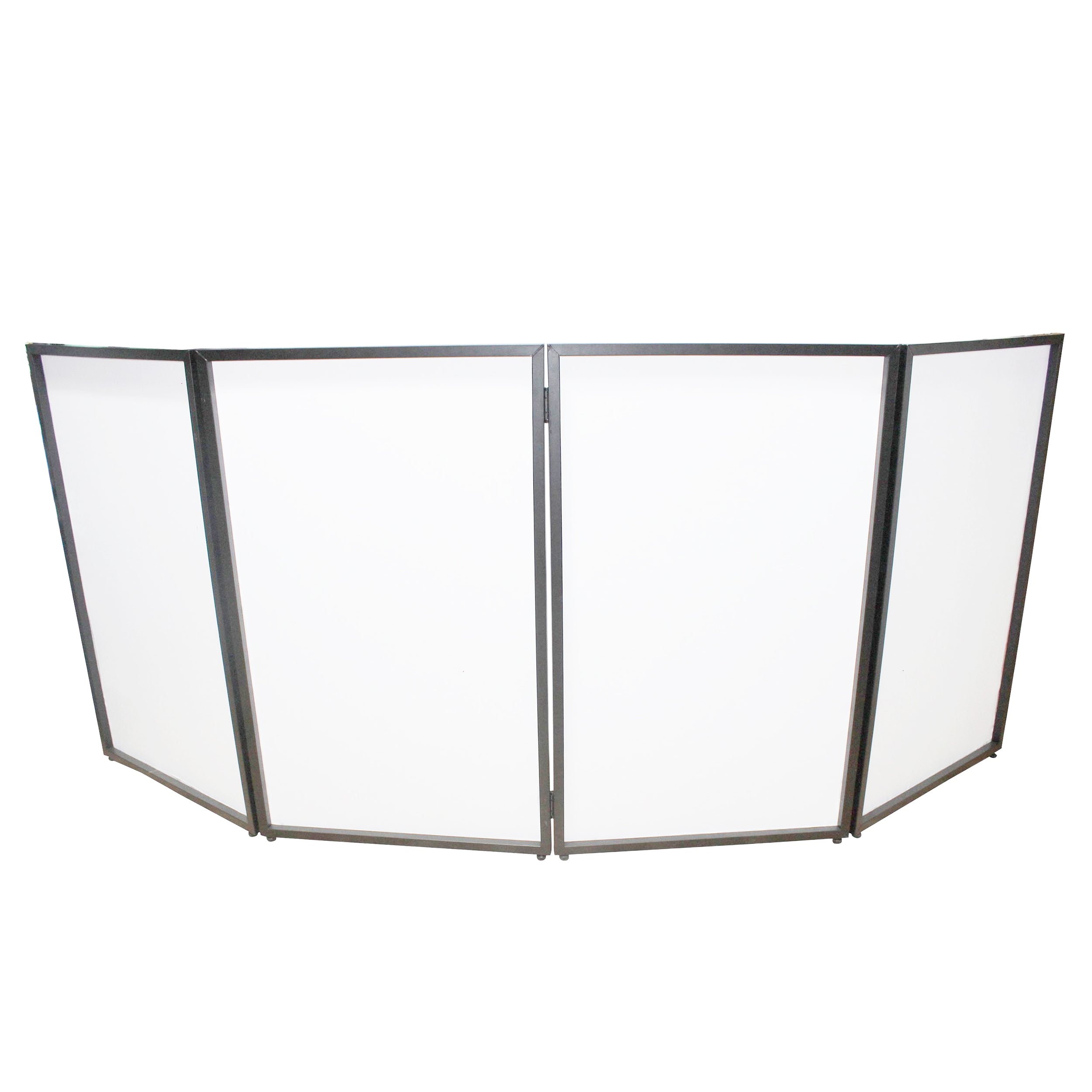Four Panel Party Black Frame Collapse and Go DJ Facade, Two Side corner Shelves, Carry Bag, 4xBlack and 4xWhite Scrims