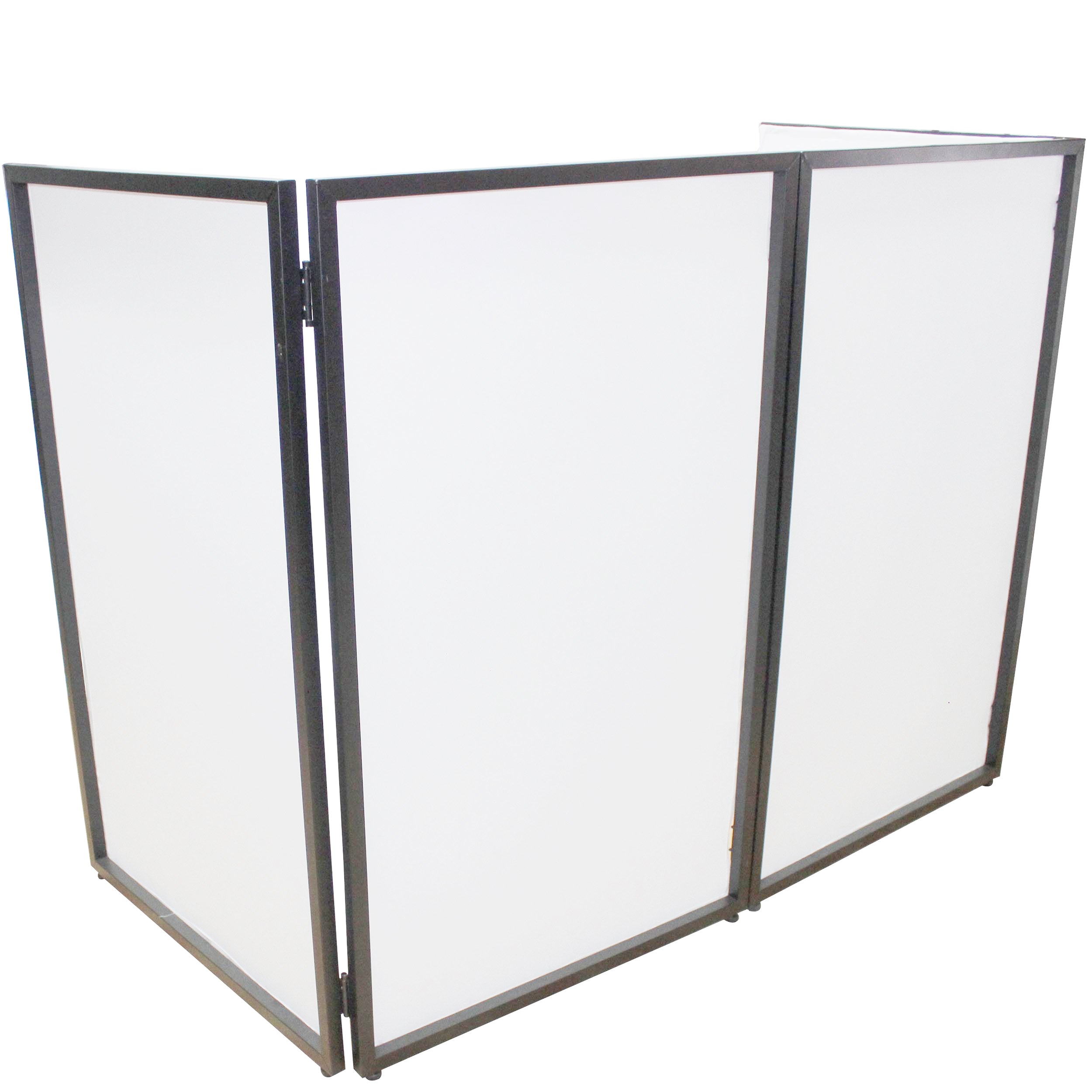 Four Panel Party Black Frame Collapse and Go DJ Facade, Two Side corner Shelves, Carry Bag, 4xBlack and 4xWhite Scrims