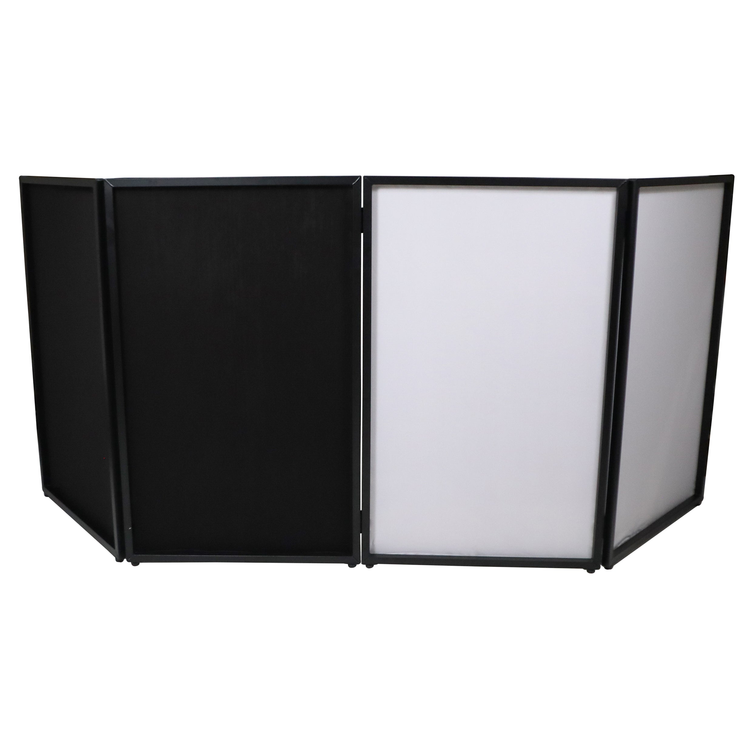 Four Panel Party Black Frame Collapse and Go DJ Facade, Two Side corner Shelves, Carry Bag, 4xBlack and 4xWhite Scrims
