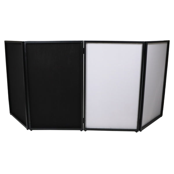 Four Panel Party Black Frame Collapse and Go DJ Facade, Two Side corner Shelves, Carry Bag, 4xBlack and 4xWhite Scrims