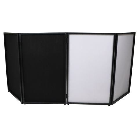 Four Panel Party Black Frame Collapse and Go DJ Facade, Two Side corner Shelves, Carry Bag, 4xBlack and 4xWhite Scrims