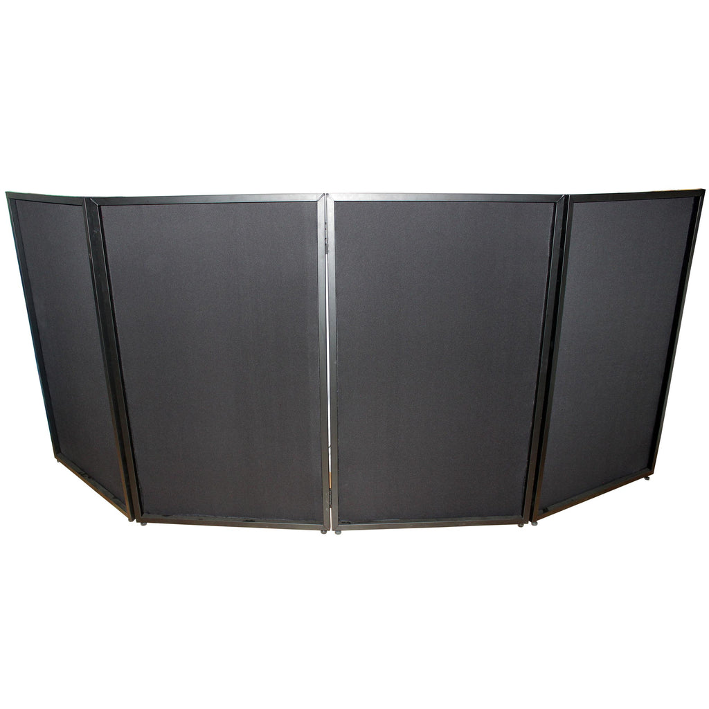 Four Panel Party Black Frame Collapse and Go DJ Facade, Two Side corner Shelves, Carry Bag, 4xBlack and 4xWhite Scrims