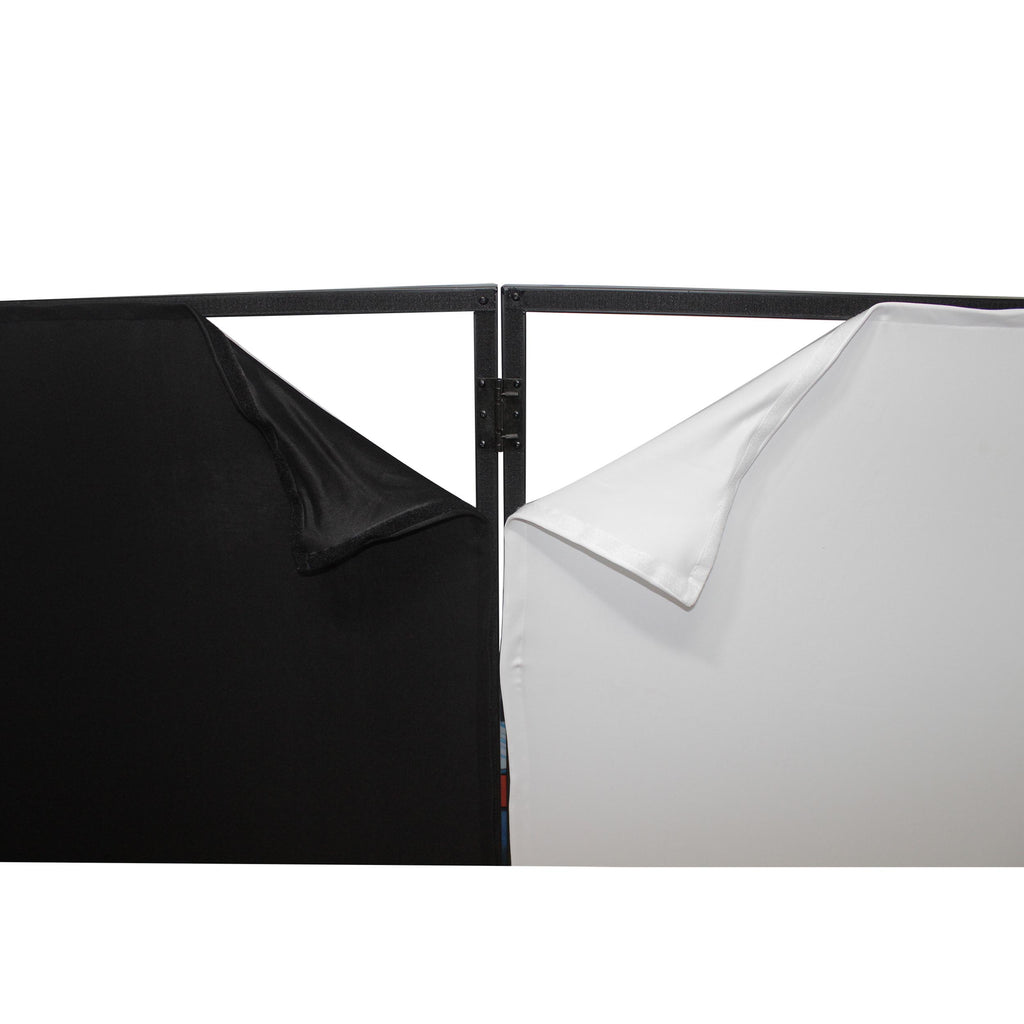 Four Panel Party Black Frame Collapse and Go DJ Facade, Two Side corner Shelves, Carry Bag, 4xBlack and 4xWhite Scrims