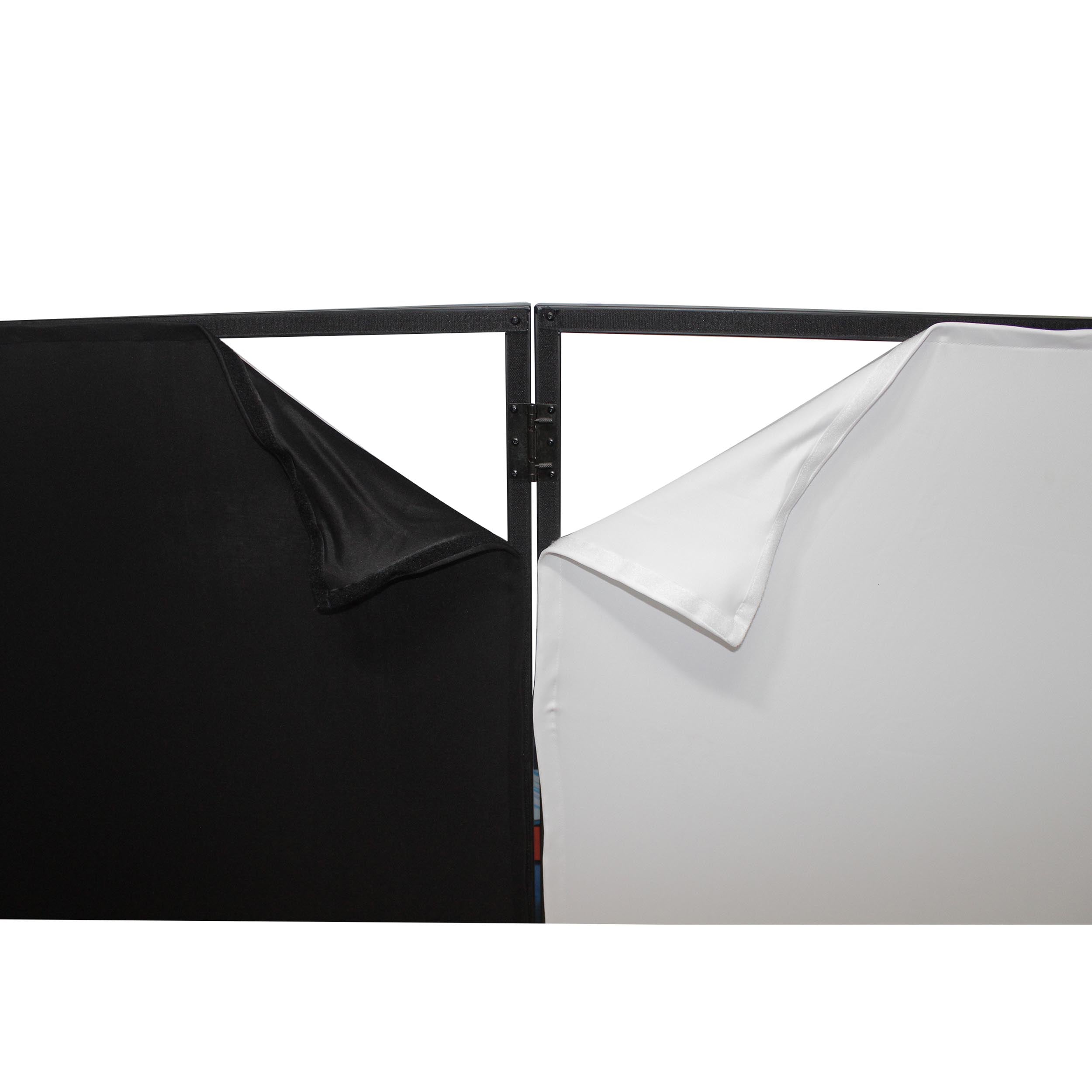 Four Panel Party Black Frame Collapse and Go DJ Facade, Two Side corner Shelves, Carry Bag, 4xBlack and 4xWhite Scrims