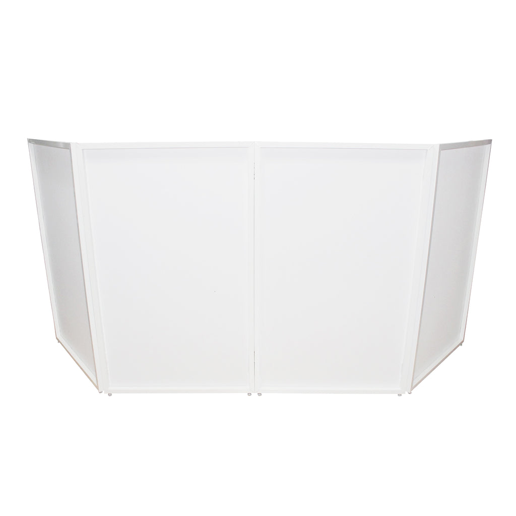 Four Panel Wedding White Frame Collapse and Go DJ Facade, Two Side corner Shelves, Carry Bag, 4xBlack and 4xWhite Scrims