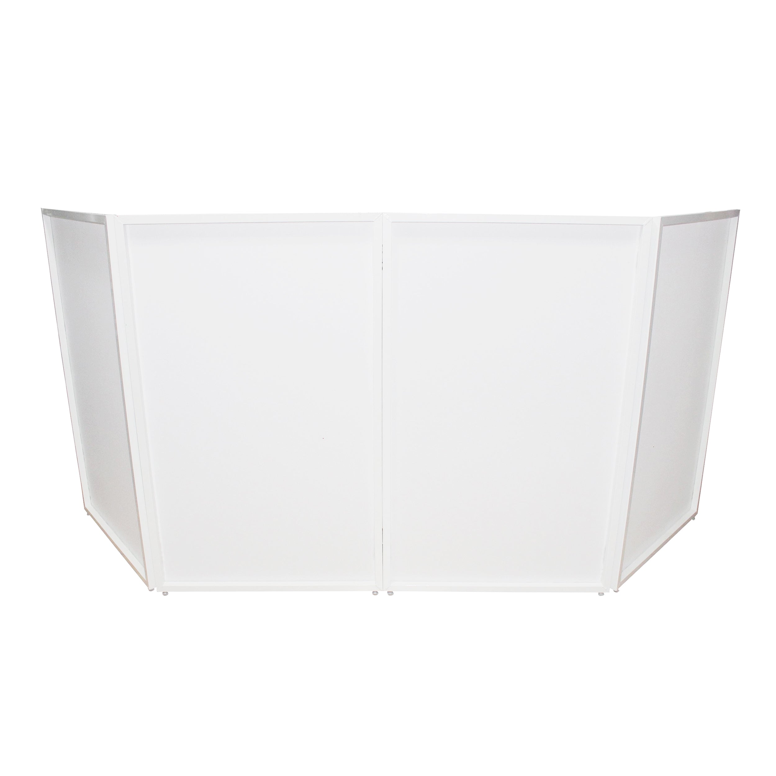 Four Panel Wedding White Frame Collapse and Go DJ Facade, Two Side corner Shelves, Carry Bag, 4xBlack and 4xWhite Scrims