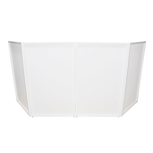 Four Panel Wedding White Frame Collapse and Go DJ Facade, Two Side corner Shelves, Carry Bag, 4xBlack and 4xWhite Scrims