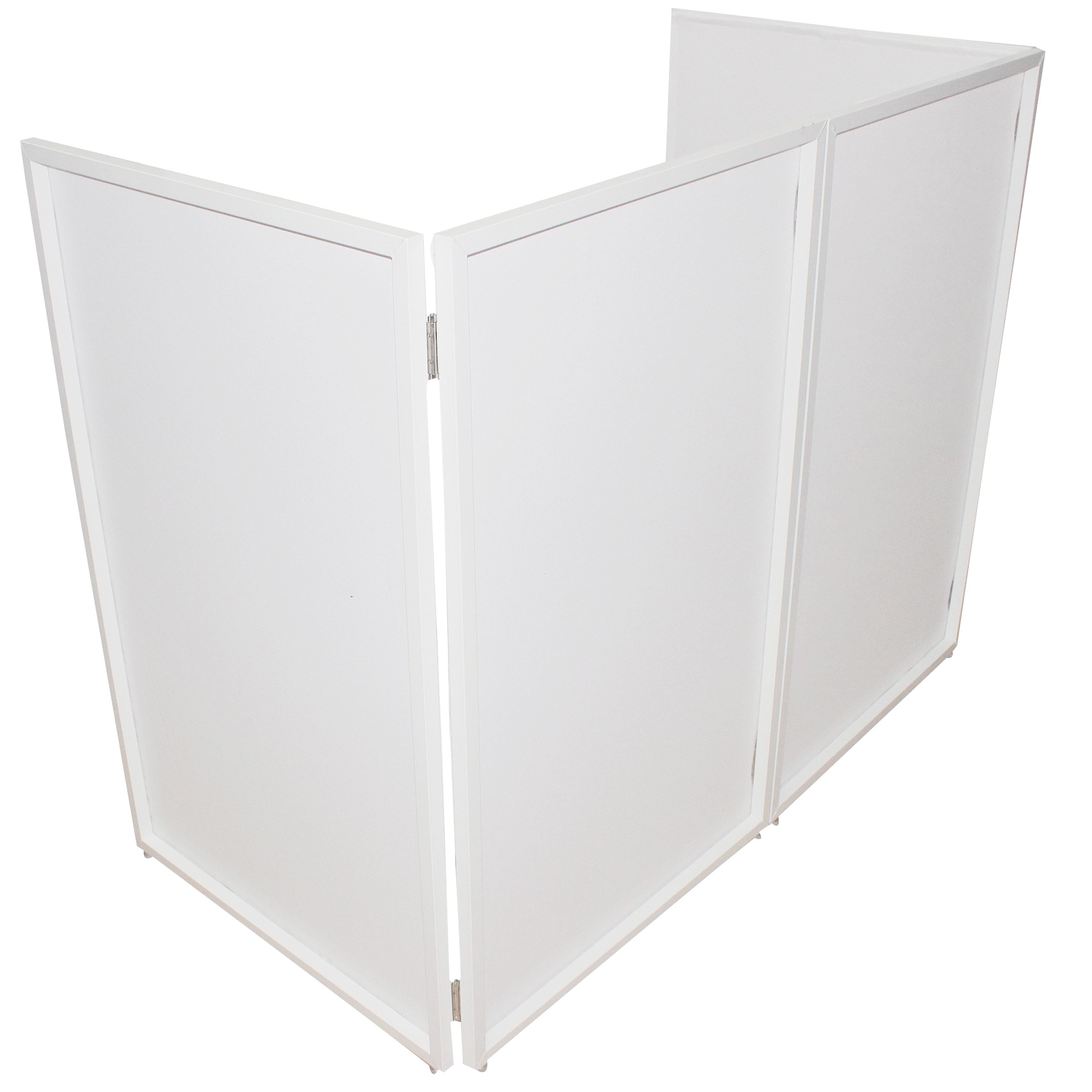 Four Panel Wedding White Frame Collapse and Go DJ Facade, Two Side corner Shelves, Carry Bag, 4xBlack and 4xWhite Scrims