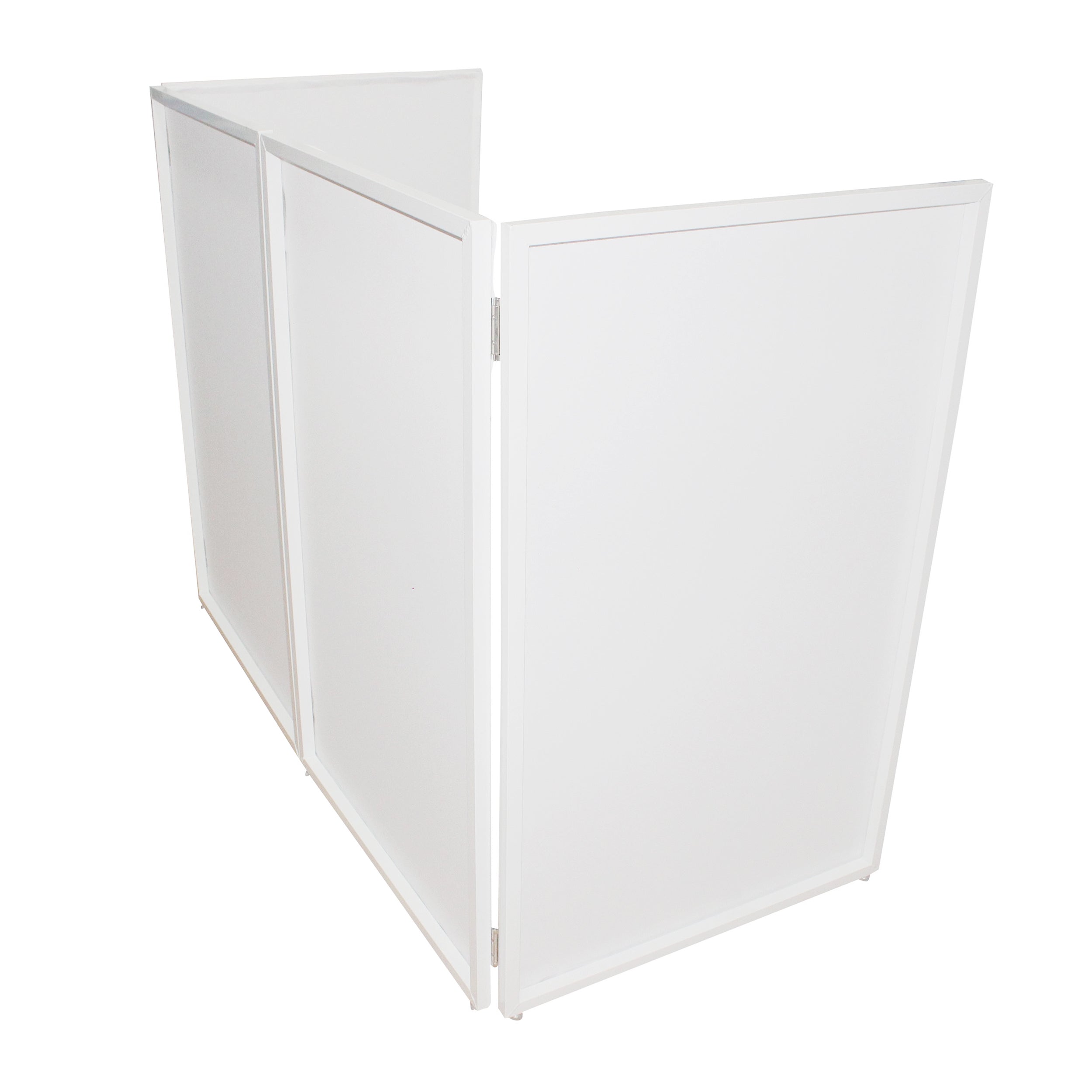 Four Panel Wedding White Frame Collapse and Go DJ Facade, Two Side corner Shelves, Carry Bag, 4xBlack and 4xWhite Scrims