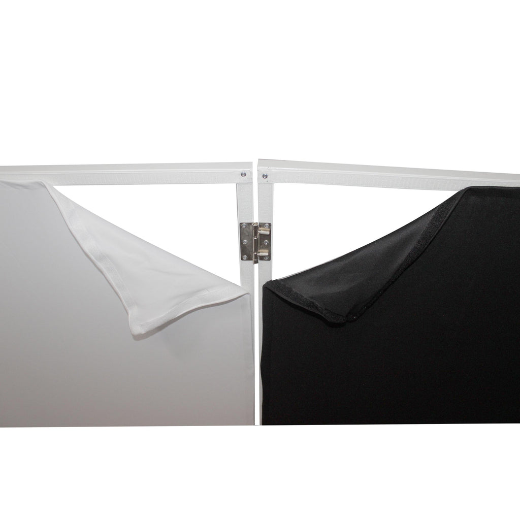 Four Panel Wedding White Frame Collapse and Go DJ Facade, Two Side corner Shelves, Carry Bag, 4xBlack and 4xWhite Scrims