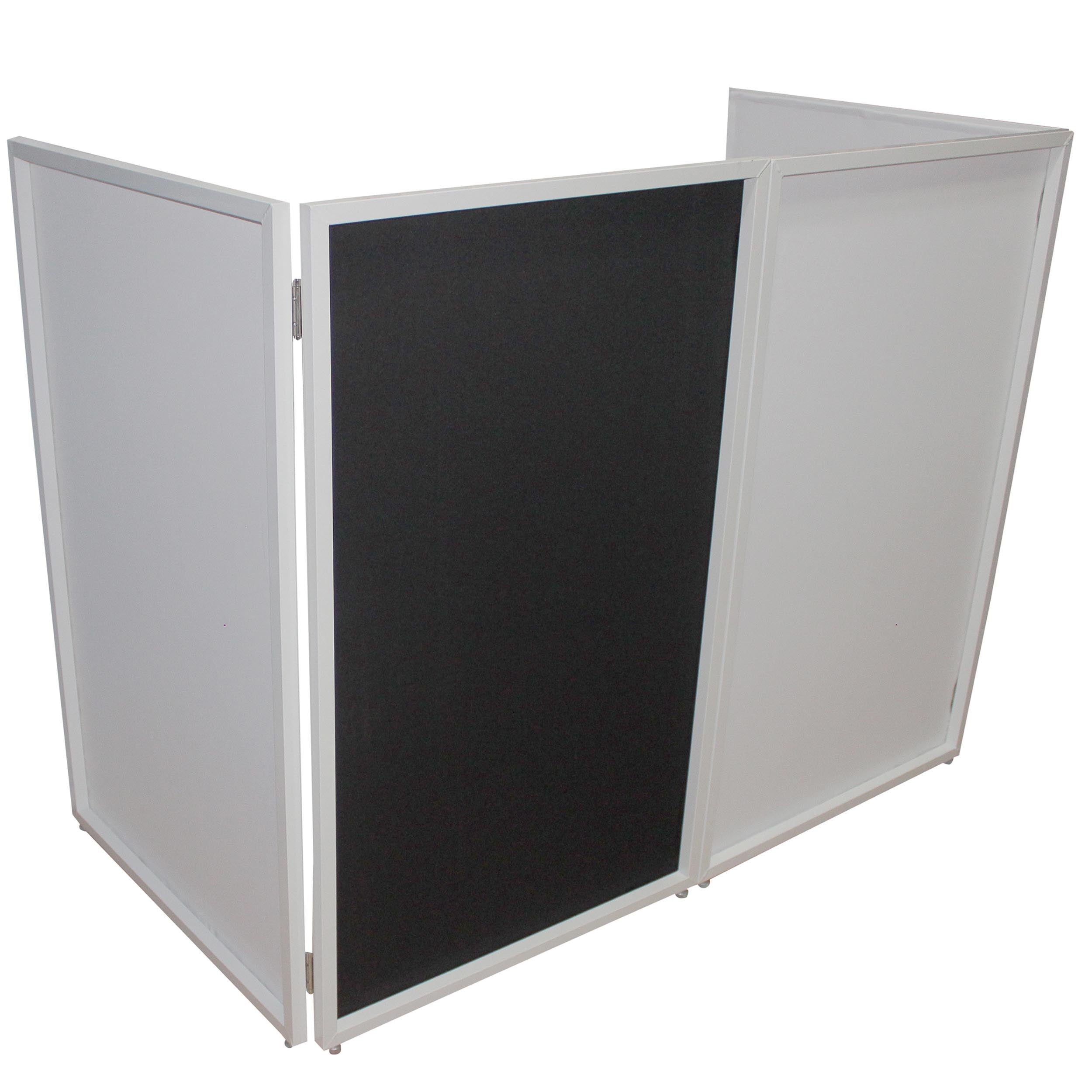 Four Panel Wedding White Frame Collapse and Go DJ Facade, Two Side corner Shelves, Carry Bag, 4xBlack and 4xWhite Scrims