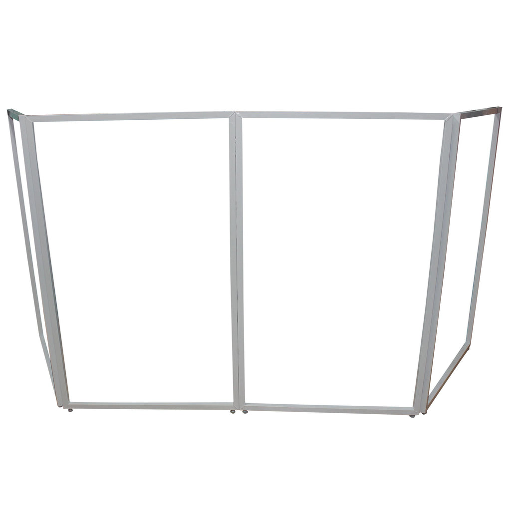 Four Panel Wedding White Frame Collapse and Go DJ Facade, Two Side corner Shelves, Carry Bag, 4xBlack and 4xWhite Scrims