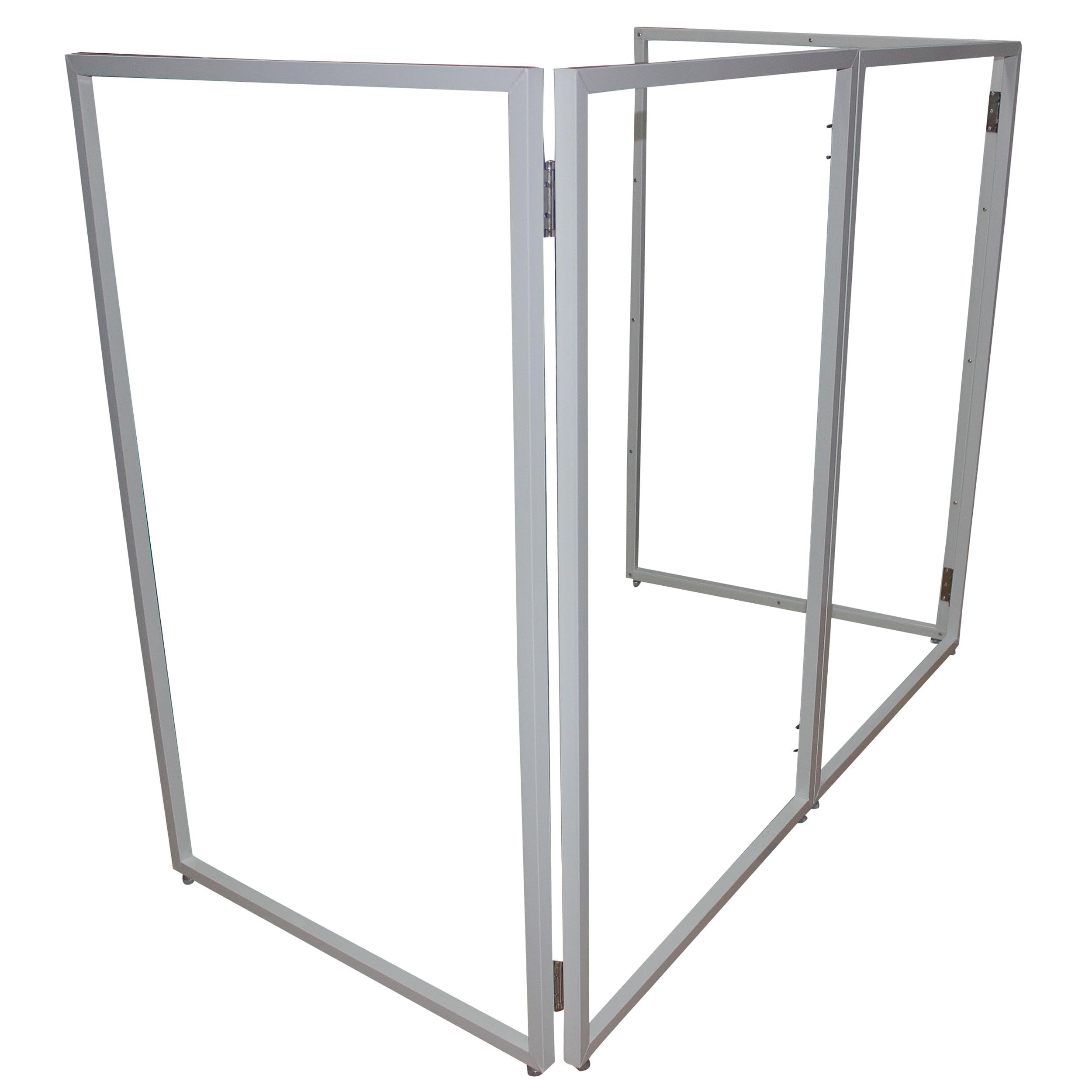 Four Panel Wedding White Frame Collapse and Go DJ Facade, Two Side corner Shelves, Carry Bag, 4xBlack and 4xWhite Scrims