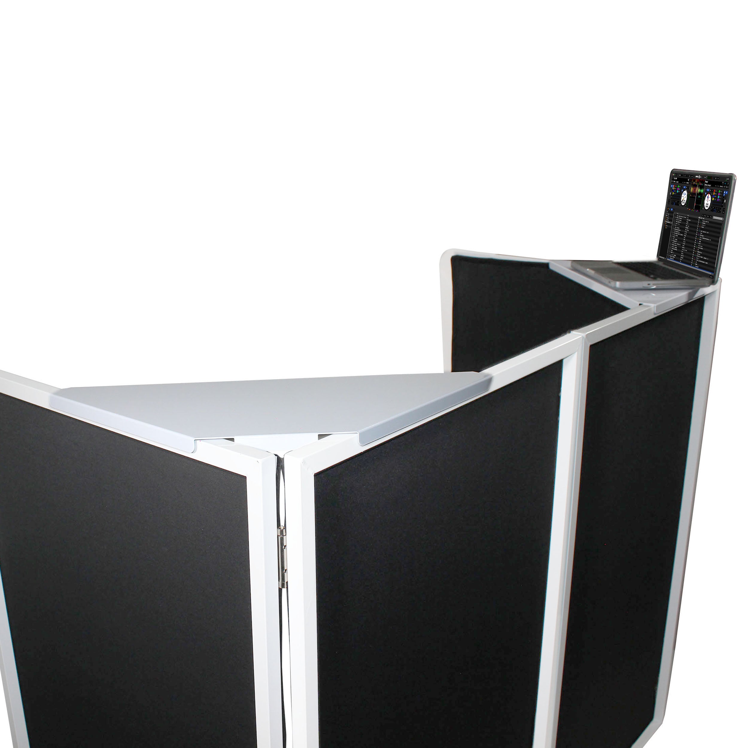 Four Panel Wedding White Frame Collapse and Go DJ Facade, Two Side corner Shelves, Carry Bag, 4xBlack and 4xWhite Scrims
